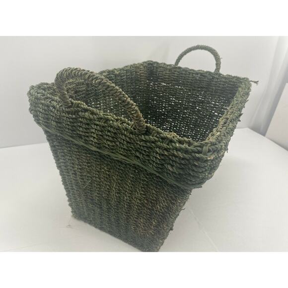 Vintage Jute Wicker Rattan Magazine Rack Handled Holder MCM Book Storage Basket - Picture 10 of 12